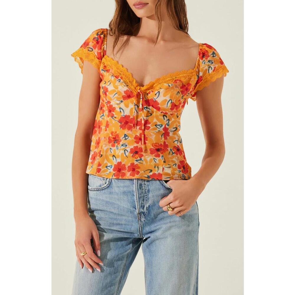 ASTR The Label Floral Plunge V-Neck Orange Lace Boho Top Women's Small New